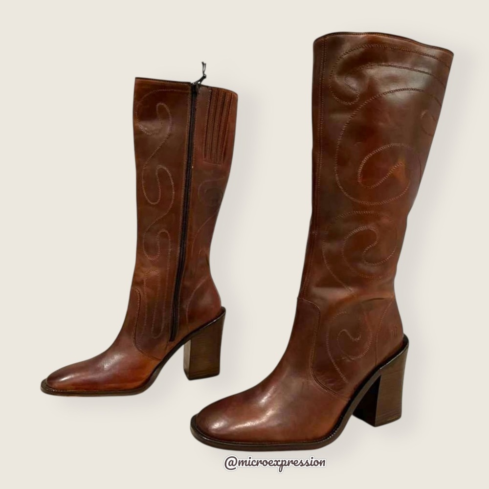 VINTAGE 1970S Frye Conrad Swirl Stitch Embroidered Cognac Brown Tall Knee Boots - Picture 14 of 15